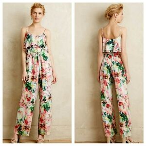 Anthropologie Fleur Wood Ikebana Floral Silk Jumpsuit Romper Size XS